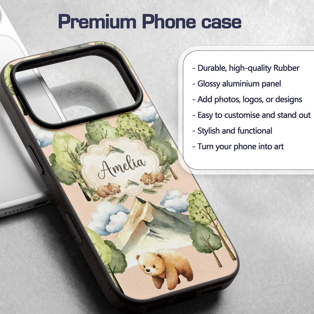 Watercolor Woodland Bear Trees Mountains Seamless Custom Name Protective Phone Case Mobile Cover Durable Everyday Smartphone Shock Resistant