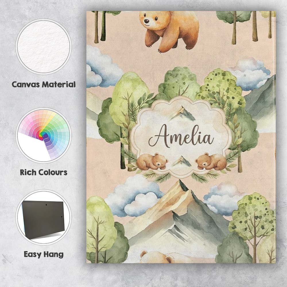 Personalised Name Watercolor Woodland Bear Custom  Unique Gift Idea Elegant Feature Canvas Wall Art Print Decor Picture Ready to Hang