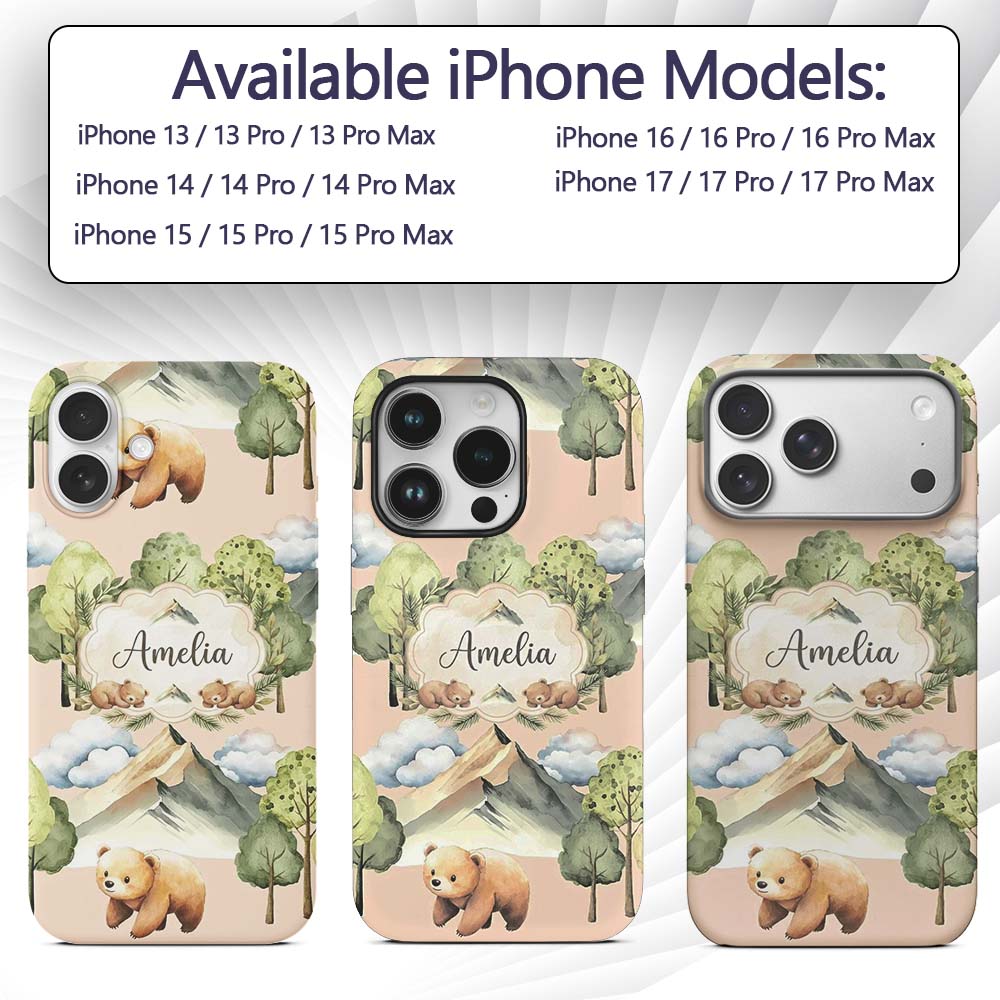 Watercolor Woodland Bear Trees Mountains Seamless Custom Name Protective Phone Case Mobile Cover Durable Everyday Smartphone Shock Resistant