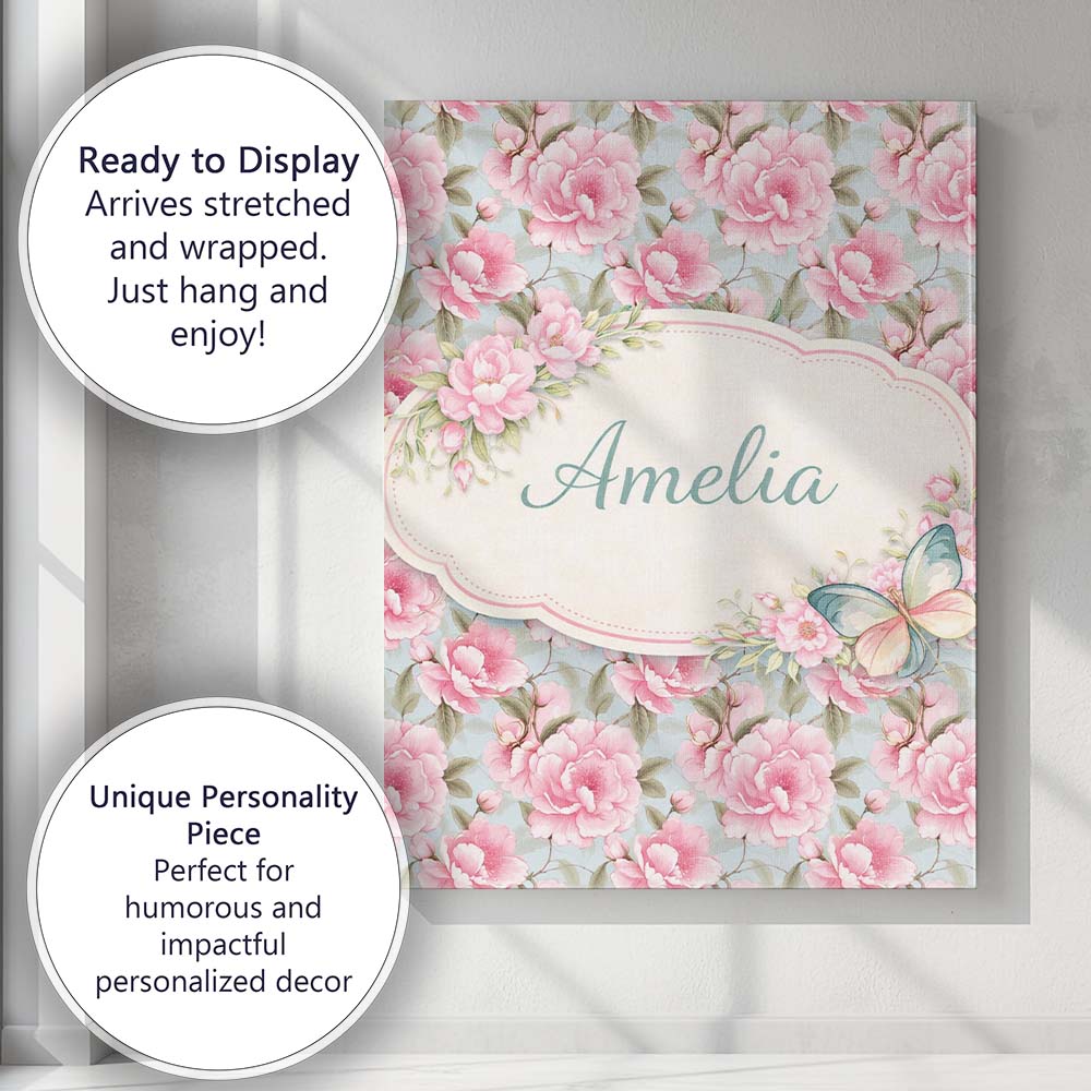 Personalised Name Pastel Pink Peony Floral Light Blue Background Custom  Interior Canvas Wall Art Print Decor Picture Ready to Hang