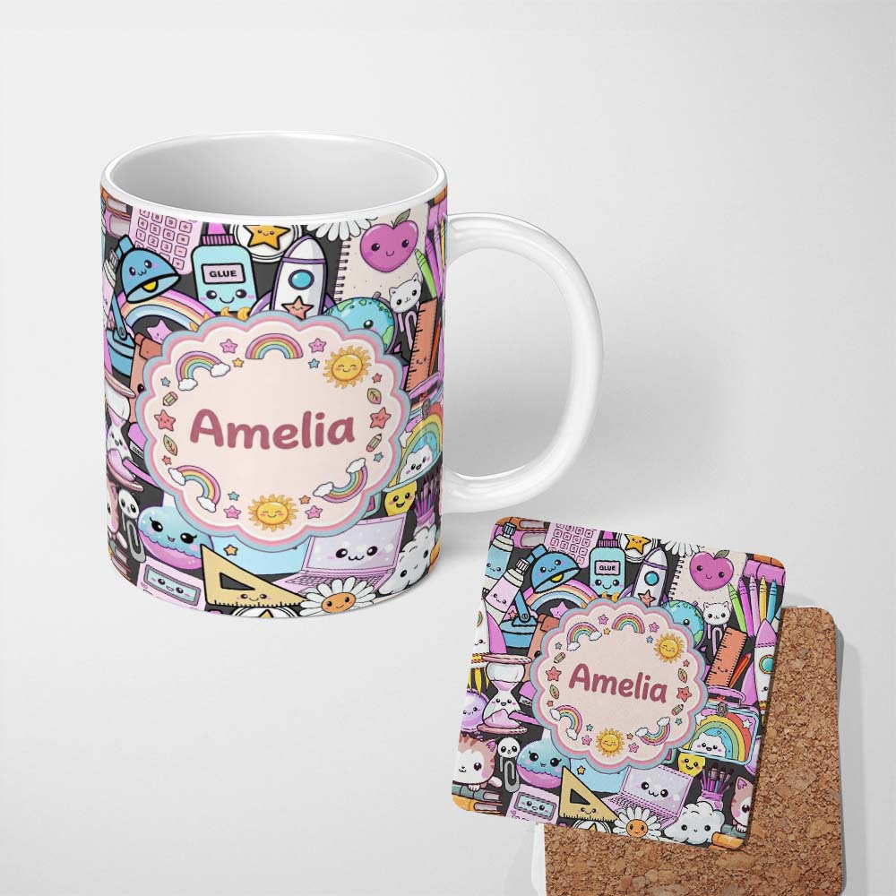 Personalized Custom Name Cute Kawaii School Supplies Rainbow Sun Globe Notebook Pattern Grey 11oz Ceramic Coffee Tea Mug White Large Handle