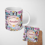 Personalized Custom Name Cute Kawaii School Supplies Rainbow Sun Globe Notebook Pattern Grey 11oz Ceramic Coffee Tea Mug White Large Handle