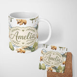 Personalized Custom Name Watercolor Woodland Bear Trees Mountains Seamless Pattern Pale Grey 11oz Ceramic Coffee Tea Mug White Large Handle