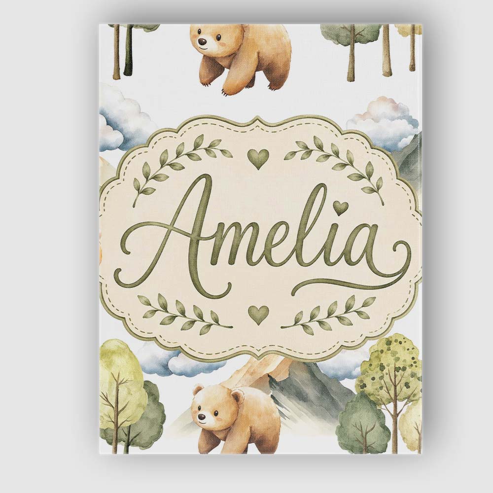 Personalised Name Watercolor Woodland Bear Custom  Unique Gift Idea Elegant Feature Canvas Wall Art Print Decor Picture Ready to Hang
