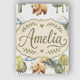 Personalised Name Watercolor Woodland Bear Custom  Unique Gift Idea Elegant Feature Canvas Wall Art Print Decor Picture Ready to Hang