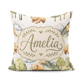 Custom Name Watercolor Woodland Bear Trees Seamless Pattern Pale Square Filled Cushion Throw Pillow Sofa Bed Home Decor Zip Washable UK Made