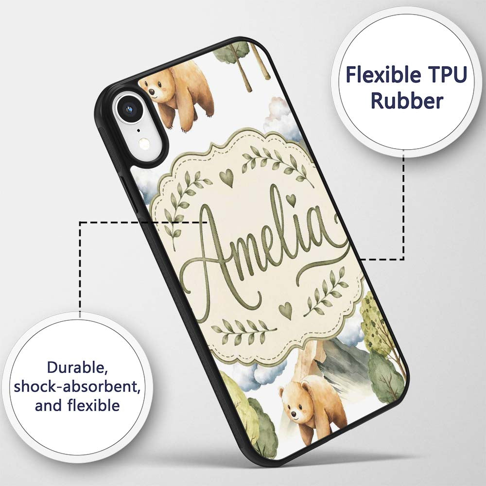 Watercolor Woodland Bear Trees Mountains Seamless Custom Name Protective Phone Case Mobile Cover Durable Everyday Smartphone Shock Resistant