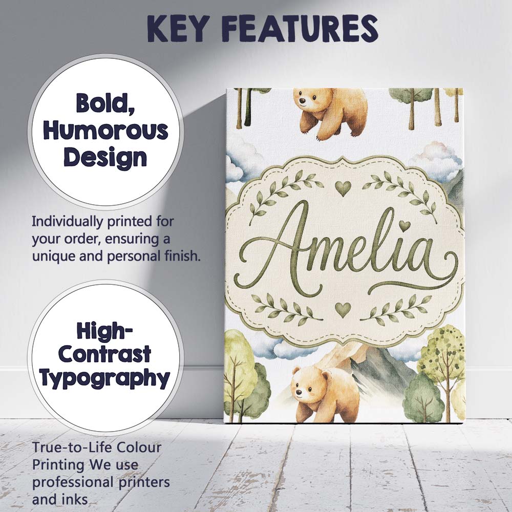Personalised Name Watercolor Woodland Bear Custom  Unique Gift Idea Elegant Feature Canvas Wall Art Print Decor Picture Ready to Hang