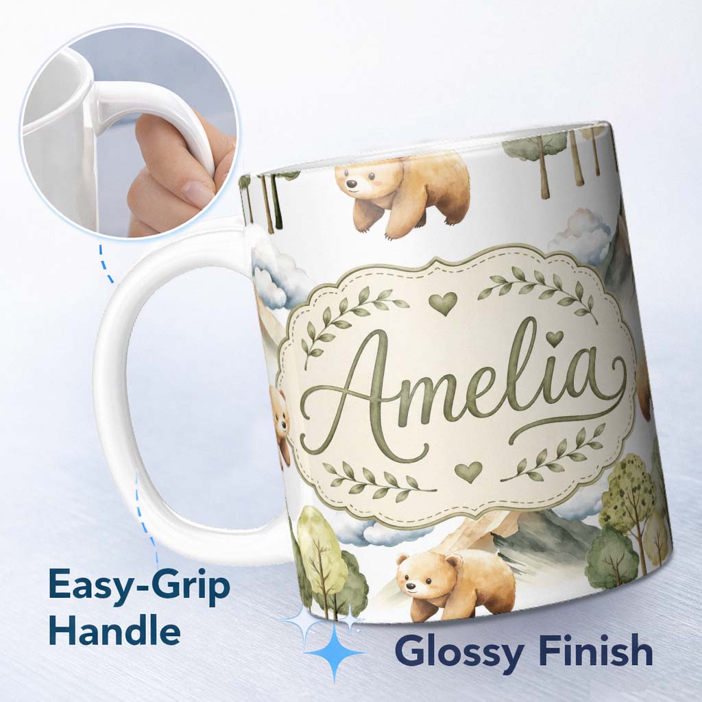 Personalized Custom Name Watercolor Woodland Bear Trees Mountains Seamless Pattern Pale Grey 11oz Ceramic Coffee Tea Mug White Large Handle