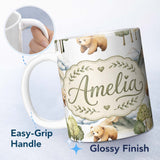Personalized Custom Name Watercolor Woodland Bear Trees Mountains Seamless Pattern Pale Grey 11oz Ceramic Coffee Tea Mug White Large Handle