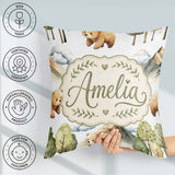 Custom Name Watercolor Woodland Bear Trees Seamless Pattern Pale Square Filled Cushion Throw Pillow Sofa Bed Home Decor Zip Washable UK Made