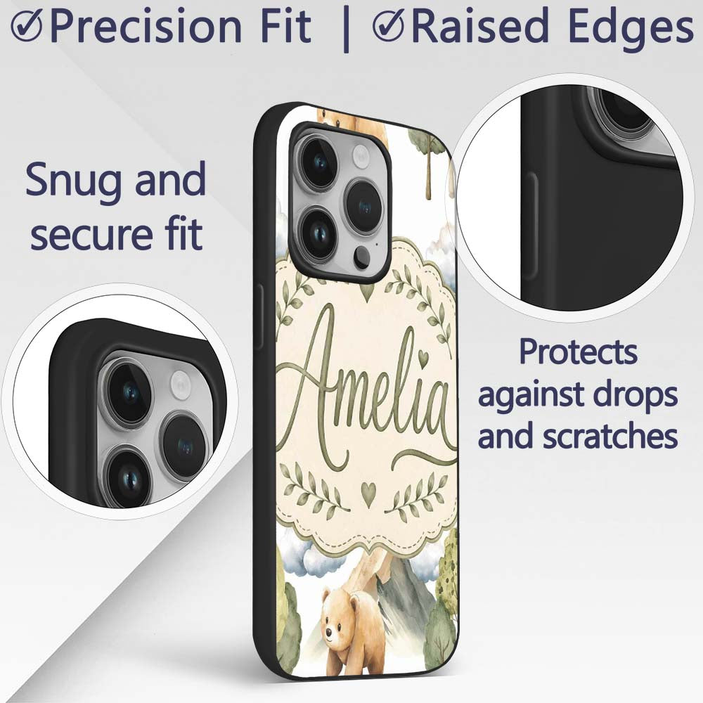 Watercolor Woodland Bear Trees Mountains Seamless Custom Name Protective Phone Case Mobile Cover Durable Everyday Smartphone Shock Resistant