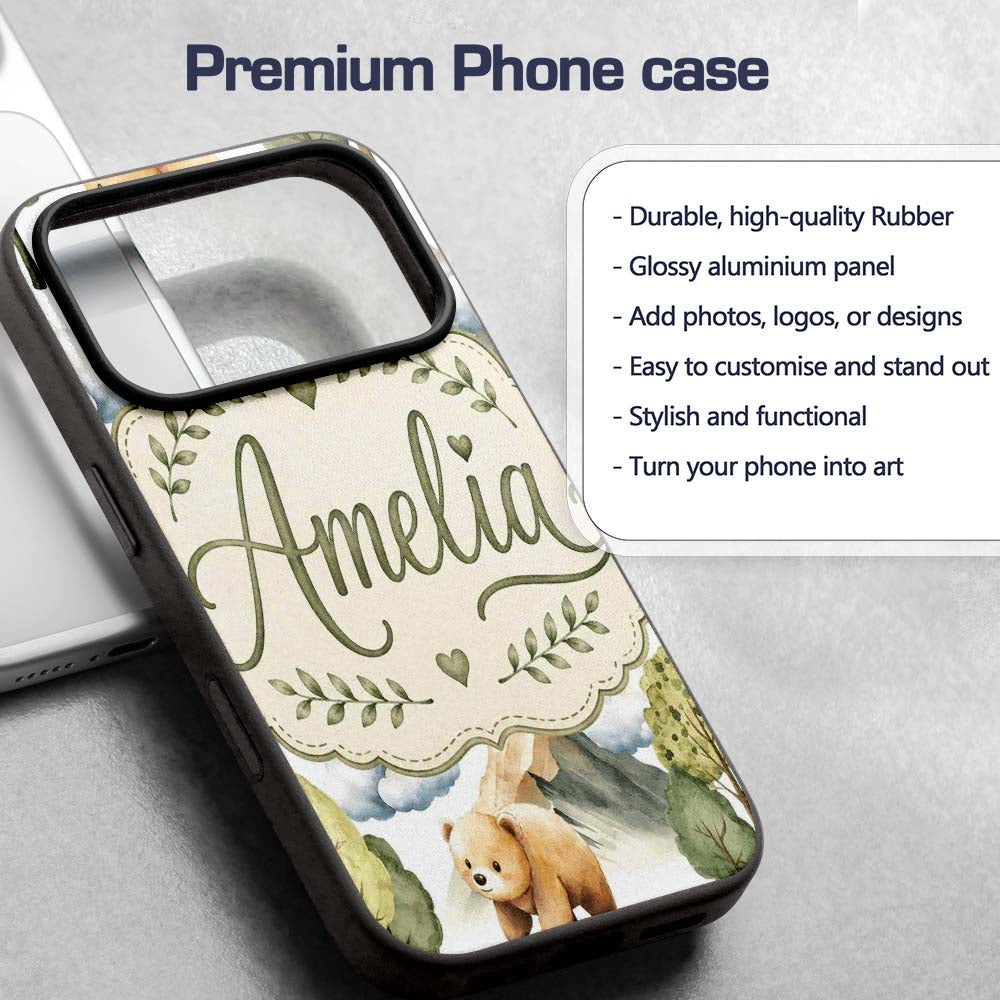 Watercolor Woodland Bear Trees Mountains Seamless Custom Name Protective Phone Case Mobile Cover Durable Everyday Smartphone Shock Resistant