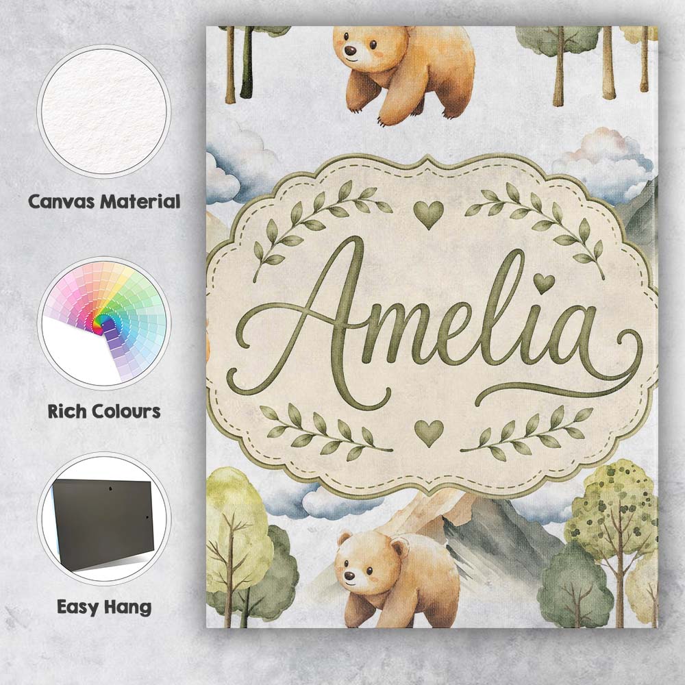 Personalised Name Watercolor Woodland Bear Custom  Unique Gift Idea Elegant Feature Canvas Wall Art Print Decor Picture Ready to Hang