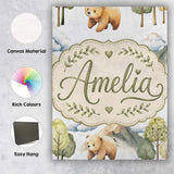 Personalised Name Watercolor Woodland Bear Custom  Unique Gift Idea Elegant Feature Canvas Wall Art Print Decor Picture Ready to Hang