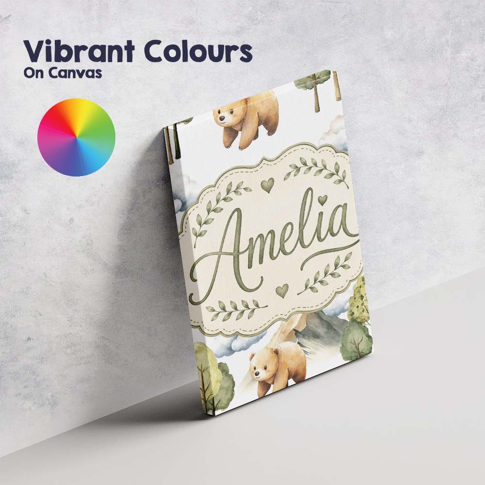Personalised Name Watercolor Woodland Bear Custom  Unique Gift Idea Elegant Feature Canvas Wall Art Print Decor Picture Ready to Hang