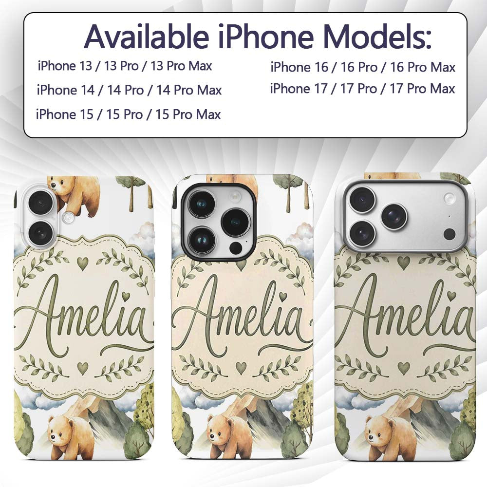 Watercolor Woodland Bear Trees Mountains Seamless Custom Name Protective Phone Case Mobile Cover Durable Everyday Smartphone Shock Resistant