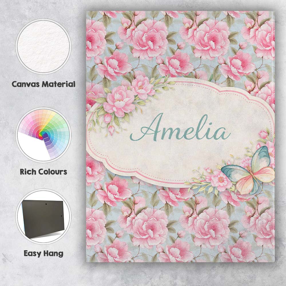 Personalised Name Pastel Pink Peony Floral Light Blue Background Custom  Interior Canvas Wall Art Print Decor Picture Ready to Hang