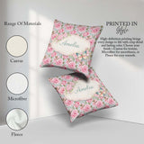 Custom Name Pastel Pink Peony Floral Light Blue Seamless Pattern Square Filled Cushion Throw Pillow Sofa Bed Home Decor Zip Washable UK Made