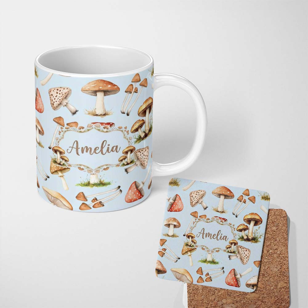 Personalized Custom Name Watercolor Forest Mushrooms Toadstools Seamless Pattern Soft Blue 11oz Ceramic Coffee Tea Mug White Large Handle