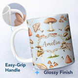 Personalized Custom Name Watercolor Forest Mushrooms Toadstools Seamless Pattern Soft Blue 11oz Ceramic Coffee Tea Mug White Large Handle