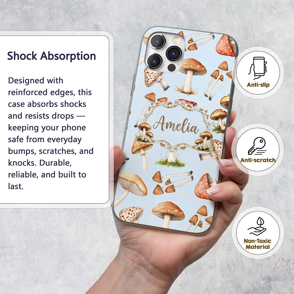 Watercolor Forest Mushrooms Toadstools Seamless Custom Name Protective Phone Case Mobile Cover Durable Everyday Smartphone Shock Resistant