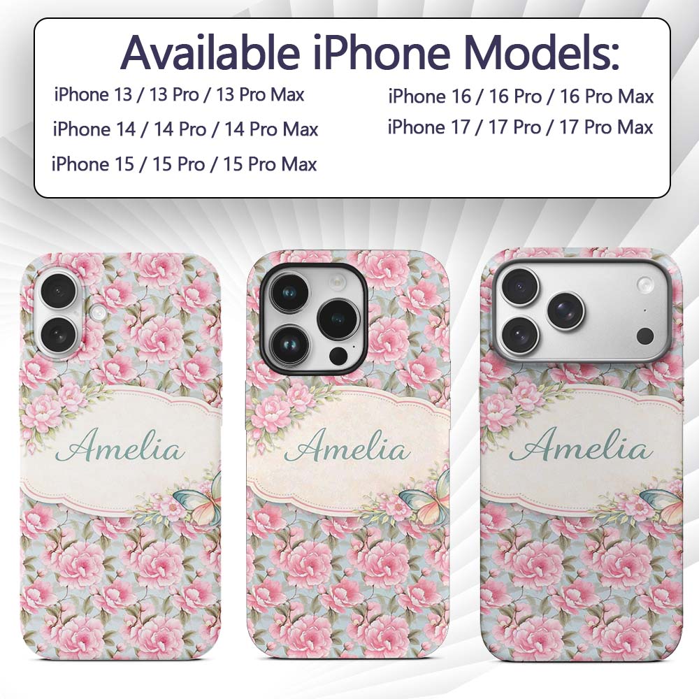 Pastel Pink Peony Floral Light Blue Background Custom Name Protective Phone Case Mobile Cover Durable Everyday Smartphone Shock Resistant