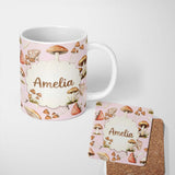 Personalized Custom Name Watercolor Forest Mushrooms Toadstools Seamless Pattern Blush Pink 11oz Ceramic Coffee Tea Mug White Large Handle
