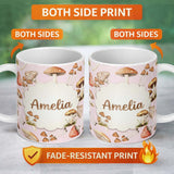 Personalized Custom Name Watercolor Forest Mushrooms Toadstools Seamless Pattern Blush Pink 11oz Ceramic Coffee Tea Mug White Large Handle