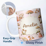 Personalized Custom Name Watercolor Forest Mushrooms Toadstools Seamless Pattern Blush Pink 11oz Ceramic Coffee Tea Mug White Large Handle