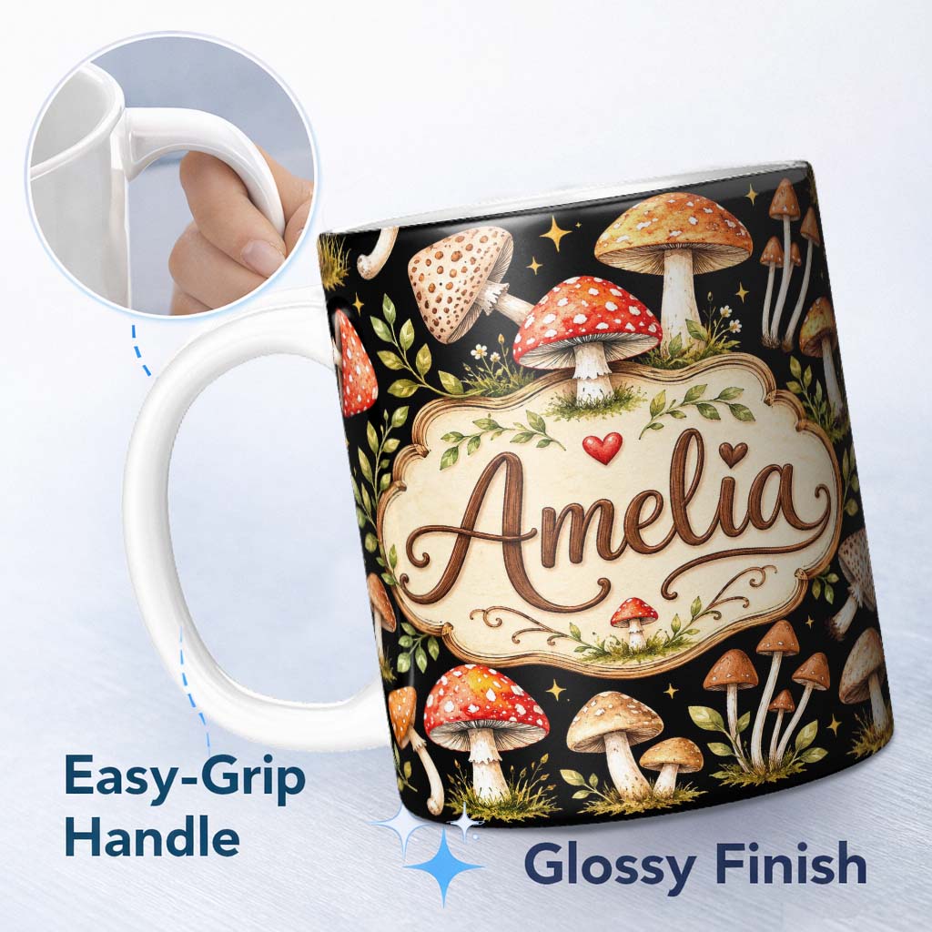 Personalized Custom Name Watercolor Forest Mushrooms Toadstools Seamless Pattern Black 11oz Ceramic Coffee Tea Mug White Large Handle