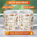 Personalized Custom Name Watercolor Forest Mushrooms Toadstools Seamless Pattern Light Grey 11oz Ceramic Coffee Tea Mug White Large Handle
