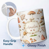 Personalized Custom Name Watercolor Forest Mushrooms Toadstools Seamless Pattern Light Grey 11oz Ceramic Coffee Tea Mug White Large Handle