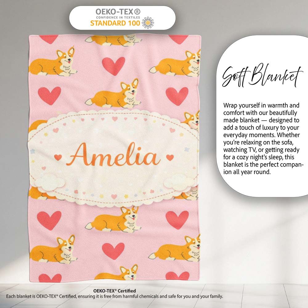 Playful Corgi Dogs Heart Seamless Pattern Perfect Gift for Her  Personalised Custom Name Super Soft Fleece Blanket Bed Sofa Throw