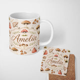Personalized Custom Name Watercolor Forest Mushrooms Toadstools Seamless Pattern Cream 11oz Ceramic Coffee Tea Mug White Large Handle
