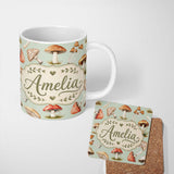 Personalized Custom Name Watercolor Forest Mushrooms Toadstools Seamless Pattern Sage Green 11oz Ceramic Coffee Tea Mug White Large Handle