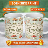 Personalized Custom Name Watercolor Forest Mushrooms Toadstools Seamless Pattern Sage Green 11oz Ceramic Coffee Tea Mug White Large Handle