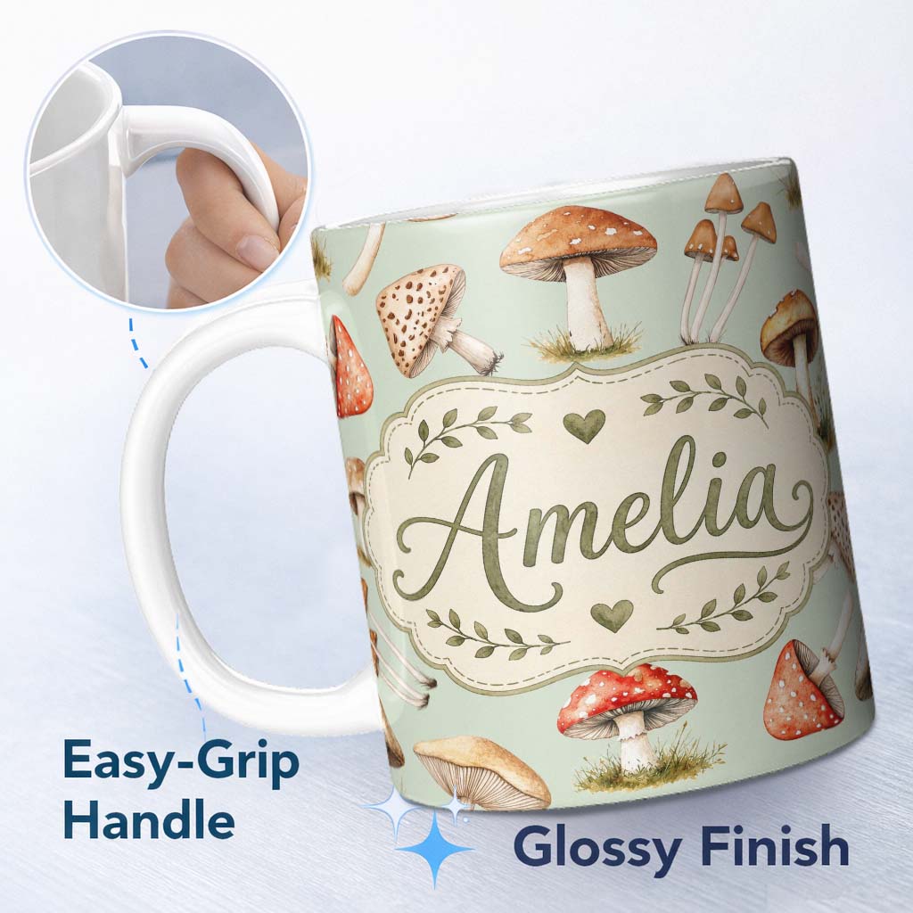 Personalized Custom Name Watercolor Forest Mushrooms Toadstools Seamless Pattern Sage Green 11oz Ceramic Coffee Tea Mug White Large Handle