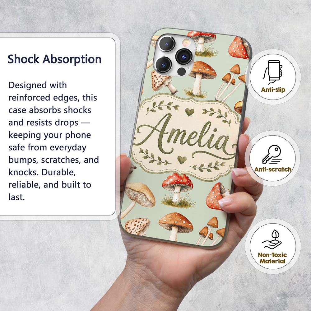 Watercolor Forest Mushrooms Toadstools Seamless Custom Name Protective Phone Case Mobile Cover Durable Everyday Smartphone Shock Resistant