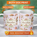 Personalized Custom Name Watercolor Forest Mushrooms Toadstools Seamless Pattern Soft Lilac 11oz Ceramic Coffee Tea Mug White Large Handle