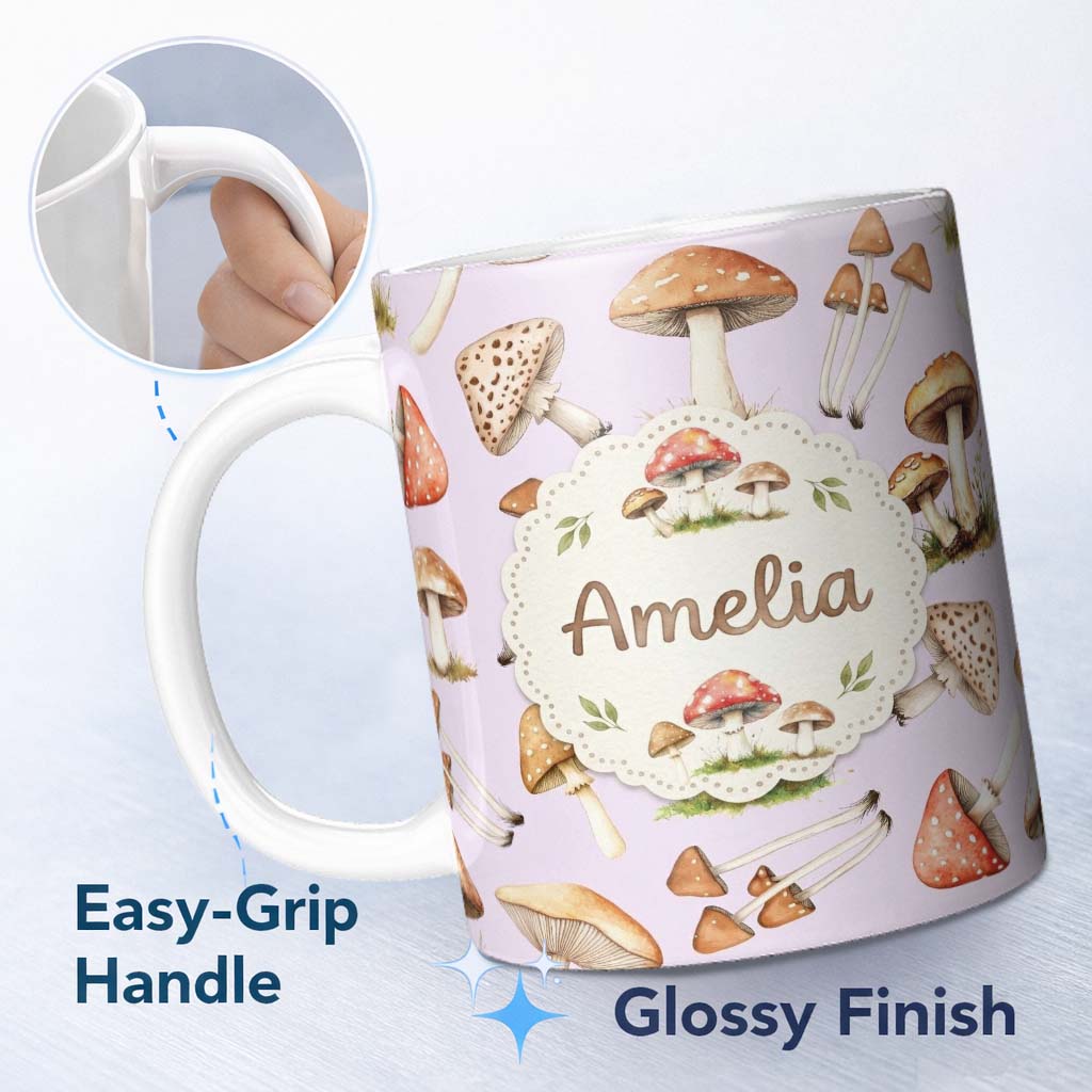 Personalized Custom Name Watercolor Forest Mushrooms Toadstools Seamless Pattern Soft Lilac 11oz Ceramic Coffee Tea Mug White Large Handle