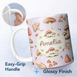 Personalized Custom Name Watercolor Forest Mushrooms Toadstools Seamless Pattern Soft Lilac 11oz Ceramic Coffee Tea Mug White Large Handle