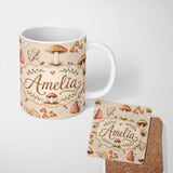 Personalized Custom Name Watercolor Forest Mushrooms Toadstools Seamless Pattern Warm Beige 11oz Ceramic Coffee Tea Mug White Large Handle