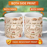 Personalized Custom Name Watercolor Forest Mushrooms Toadstools Seamless Pattern Warm Beige 11oz Ceramic Coffee Tea Mug White Large Handle