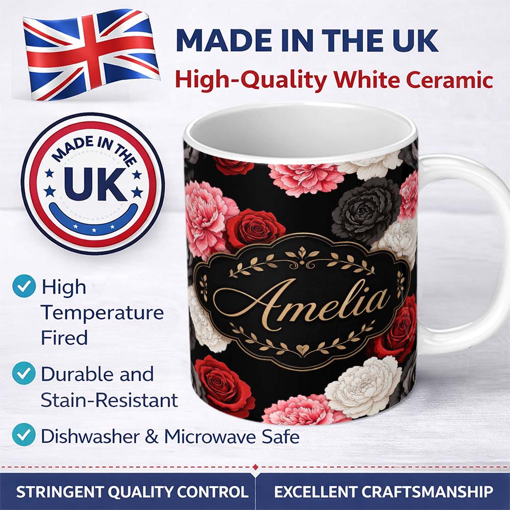 Personalized Custom Name Elegant Rose Floral Seamless Pattern in Red Black and White Lovely 11oz Ceramic Coffee Tea Mug White Large Handle