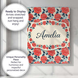 Personalised Name Red Rose Blue Accent Floral Seamless Pattern Custom Contemporary Display Canvas Wall Art Print Decor Picture Ready to Hang