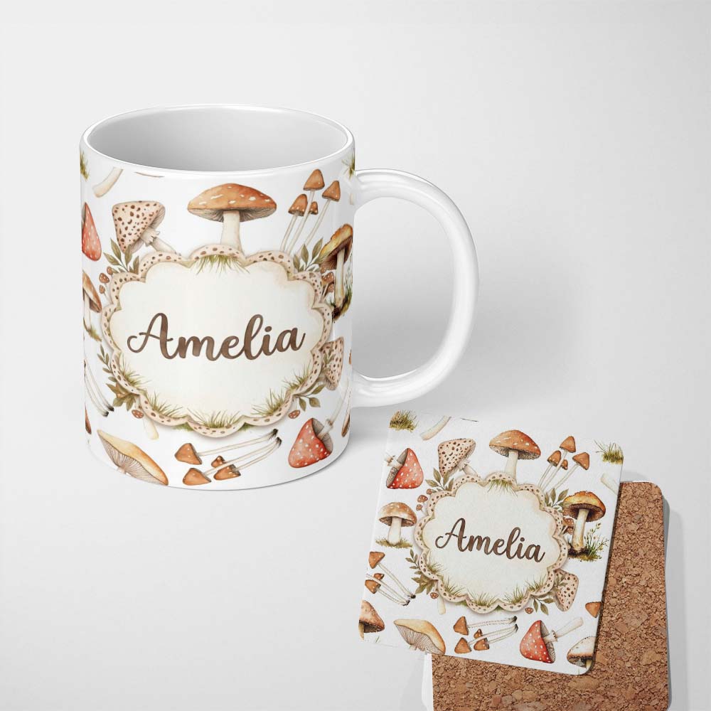 Personalized Custom Name Watercolor Forest Mushrooms Toadstools Seamless Pattern Light Grey 11oz Ceramic Coffee Tea Mug White Large Handle