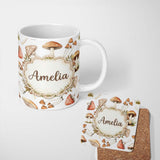 Personalized Custom Name Watercolor Forest Mushrooms Toadstools Seamless Pattern Light Grey 11oz Ceramic Coffee Tea Mug White Large Handle