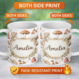 Personalized Custom Name Watercolor Forest Mushrooms Toadstools Seamless Pattern Light Grey 11oz Ceramic Coffee Tea Mug White Large Handle