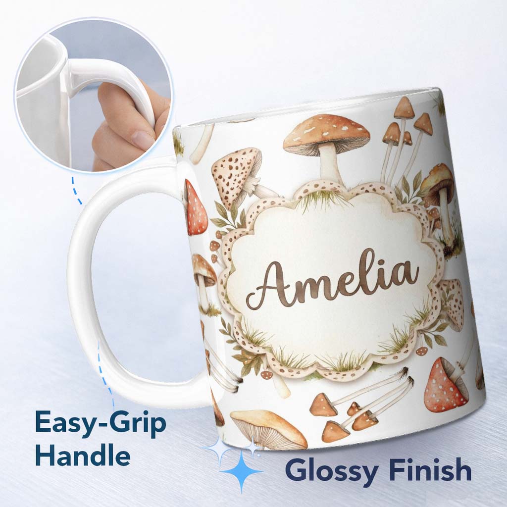 Personalized Custom Name Watercolor Forest Mushrooms Toadstools Seamless Pattern Light Grey 11oz Ceramic Coffee Tea Mug White Large Handle